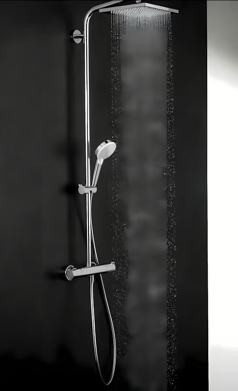 Hansgrohe Crometta E dušo sistema su termostatiniu maišytuvu chromo spalvos, su viršutiniu ir rankiniu dušu