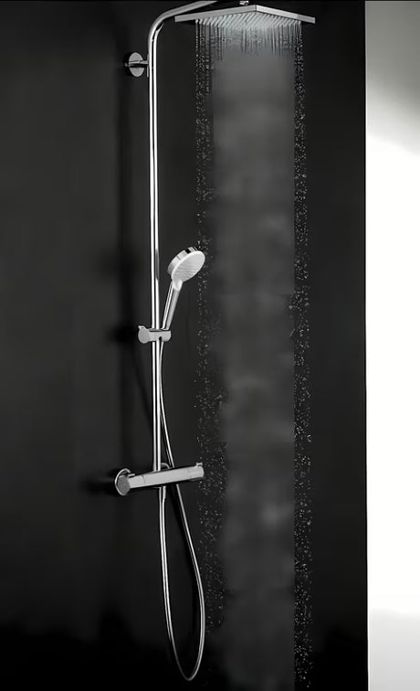 Hansgrohe Crometta E dušo sistema su termostatiniu maišytuvu chromo spalvos, su viršutiniu ir rankiniu dušu