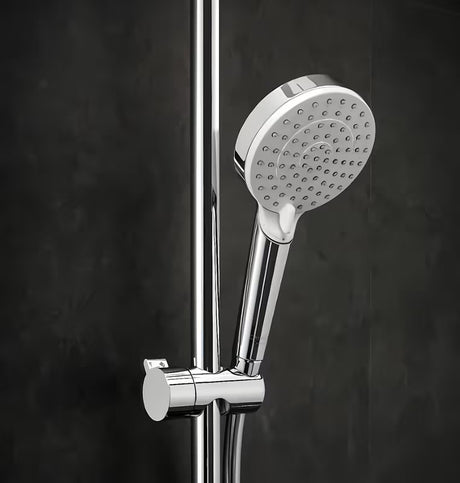 Hansgrohe Crometta E dušo sistema su termostatiniu maišytuvu chromo spalvos, su viršutiniu ir rankiniu dušu
