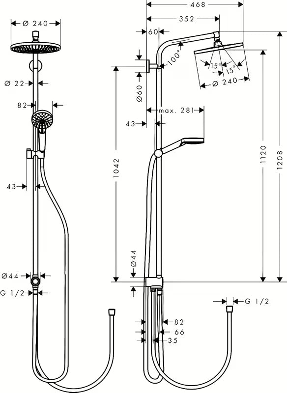Hansgrohe Crometta S dušo sistema chromo spalvos, su viršutiniu ir rankiniu dušu