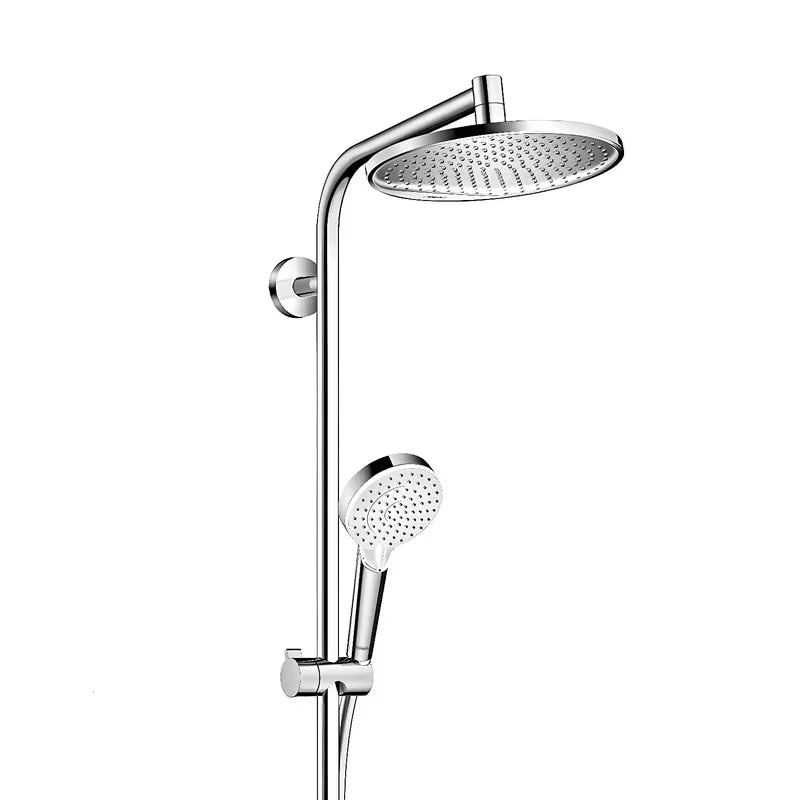 Hansgrohe Crometta S dušo sistema chromo spalvos su viršutiniu dušu ir rankiniu dušeliu