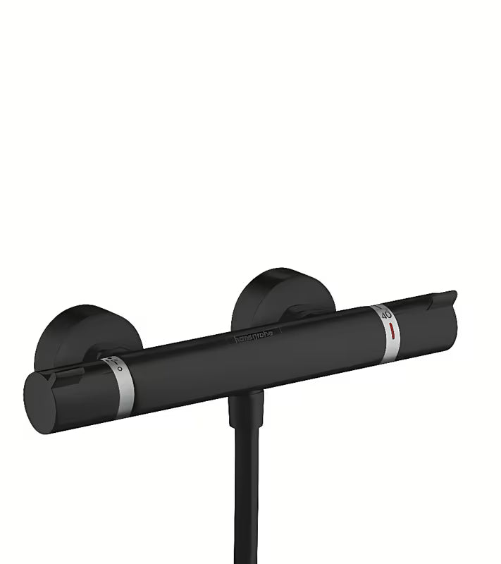Hansgrohe Ecostat Comfort termostatinė dušo maišytuvas matinės juodos spalvos pro montuojamas ant sienos.