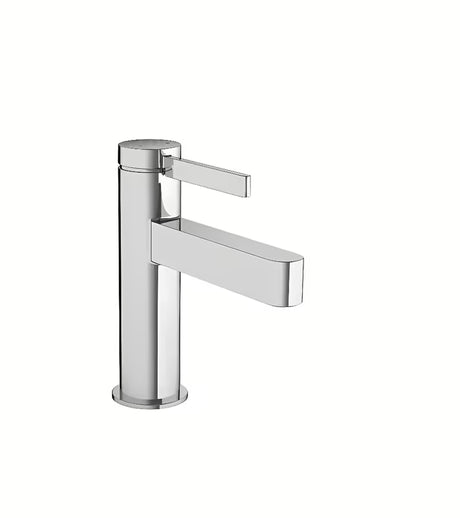 Chromo spalvos praustuvo maišytuvas Hansgrohe Finoris 100 su Push-open dugno vožtuvu ir plonu geometriniu dizainu.