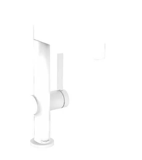 Praustuvo svirtinis maišytuvas Hansgrohe Finoris matinės baltos spalvos su pasukamu snapu ir PushOpen dugno vožtuvu