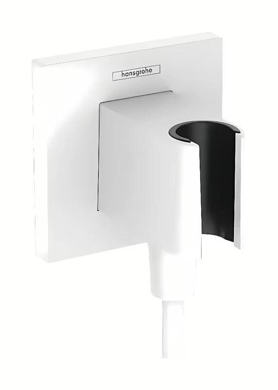 Hansgrohe fixfit E išvadas potinkinis matinės baltos spalvos su laikikliu rankiniam dušai, su kvadratiniu dangteliu.