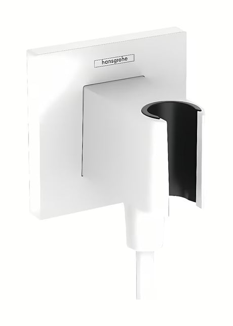 Hansgrohe fixfit E išvadas potinkinis matinės baltos spalvos su laikikliu rankiniam dušai, su kvadratiniu dangteliu.