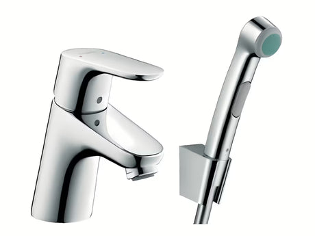 Chromuotas svirtinis praustuvo maišytuvas Hansgrohe Focus su bidė dušeliu Bidette ir dušo žarna