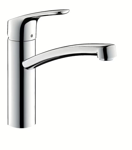 Hansgrohe Focus M41 žemo slėgio svirtinis virtuvinis maišytuvas su pasukamu chromuotu snapu.