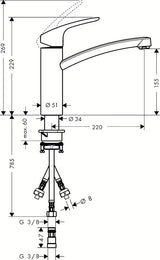 Hansgrohe Focus M41 žemo slėgio svirtinis virtuvinis maišytuvas su pasukamu chromuotu snapu.
