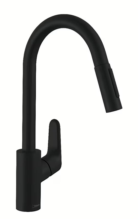 Matinės juodos spalvos virtuvinis maišytuvas Hansgrohe Focus M41 su aukštu snapu ir ištraukiama žarnele.