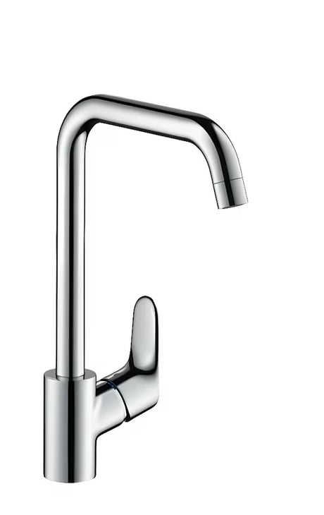 Chromuotas žemo slėgio virtuvinis maišytuvas Hansgrohe Focus M41 su pasukamu snapu pro atviram vandens šildytuvui.