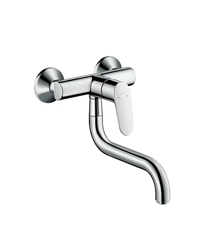 Chromo spalvos sieninė virtuvinis maišytuvas Hansgrohe Focus M41 su pasukamu snapu