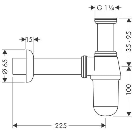 Chromo spalvos butelinis praustuvo sifonas Hansgrohe su G 1¼ prijungimu ir DN32 nuotaku.