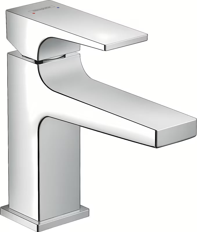 Chromo spalvos svirtinis praustuvo maišytuvas Hansgrohe Metropol su push-open dugno vožtuvu ir kampuotu dizainu.