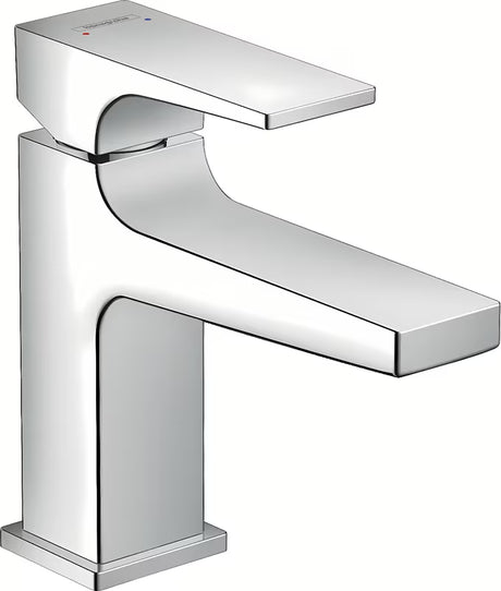 Chromo spalvos svirtinis praustuvo maišytuvas Hansgrohe Metropol su push-open dugno vožtuvu ir kampuotu dizainu.