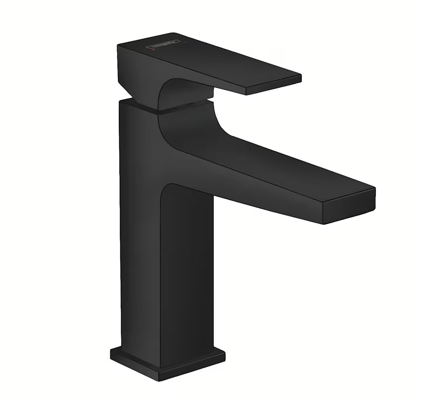 Matinės juodos spalvos svirtinis praustuvo maišytuvas Hansgrohe Metropol 110 su push-open dugno vožtuvu