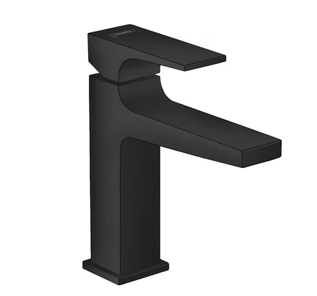 Matinės juodos spalvos svirtinis praustuvo maišytuvas Hansgrohe Metropol 110 su push-open dugno vožtuvu