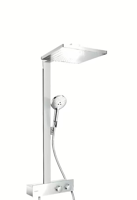 Hansgrohe Raindance E dušo sistema su termostatu, chromo spalvos, su 300 × 300 mm viršutiniu dušu ir rankiniu dušu