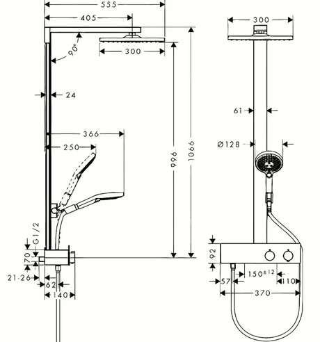 Hansgrohe Raindance E dušo sistema su termostatu, chromo spalvos, su 300 × 300 mm viršutiniu dušu ir rankiniu dušu