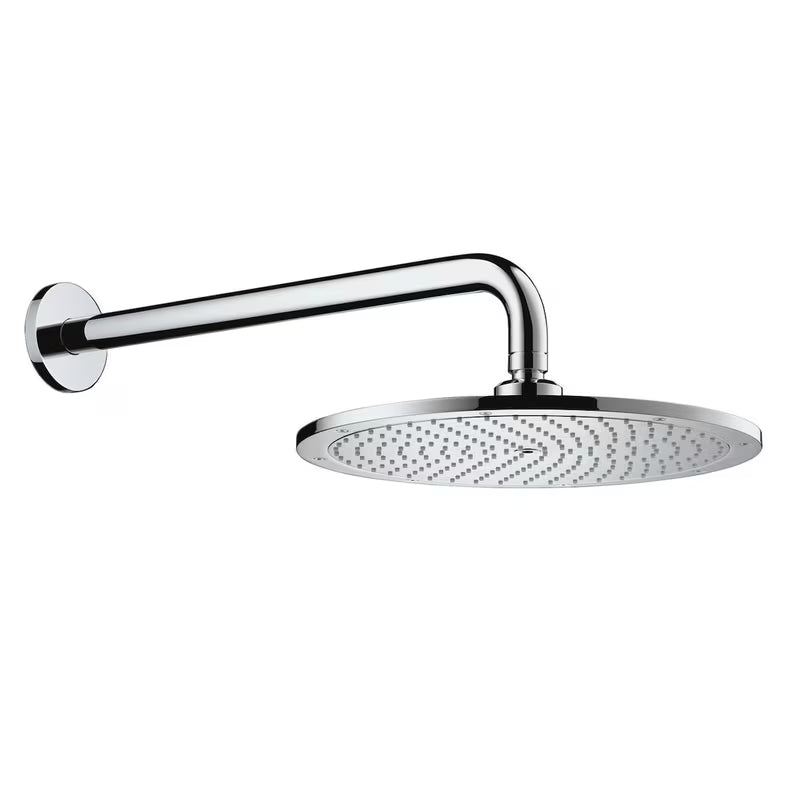 Chromo spalvos viršutinis dušas Hansgrohe Raindance S 300 mm su dušo galvos alkūnė pro, montuojama ant sienos.