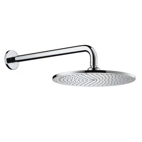 Chromo spalvos viršutinis dušas Hansgrohe Raindance S 300 mm su dušo galvos alkūnė pro, montuojama ant sienos.