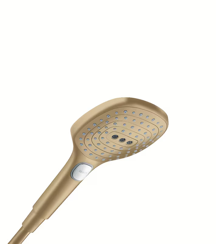 Rankinė dušo galvutė hansgrohe Raindance Select E 120 šlifuotos bronzos spalvos su 3 srovių tipais ir Select mygtuku