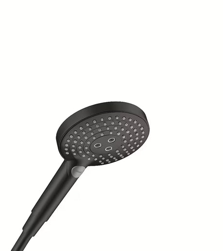 Juodos matinės spalvos rankinis dušas Hansgrohe Raindance Select s 125 mm skersmens, su Select mygtuku