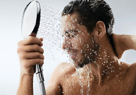 Chromo spalvos rankinė dušo galvutė Hansgrohe Raindance Select E 120 su 3 srovėmis ir Select mygtuku