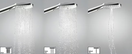 Chromo spalvos rankinė dušo galvutė Hansgrohe Raindance Select E 120 su 3 srovėmis ir Select mygtuku