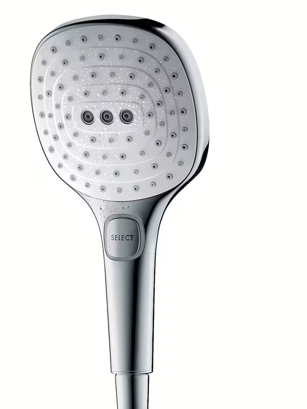 Rankinis dušas Hansgrohe Raindance Select E baltos / chromo spalvos su mygtuku Select, su 3 srovėmis