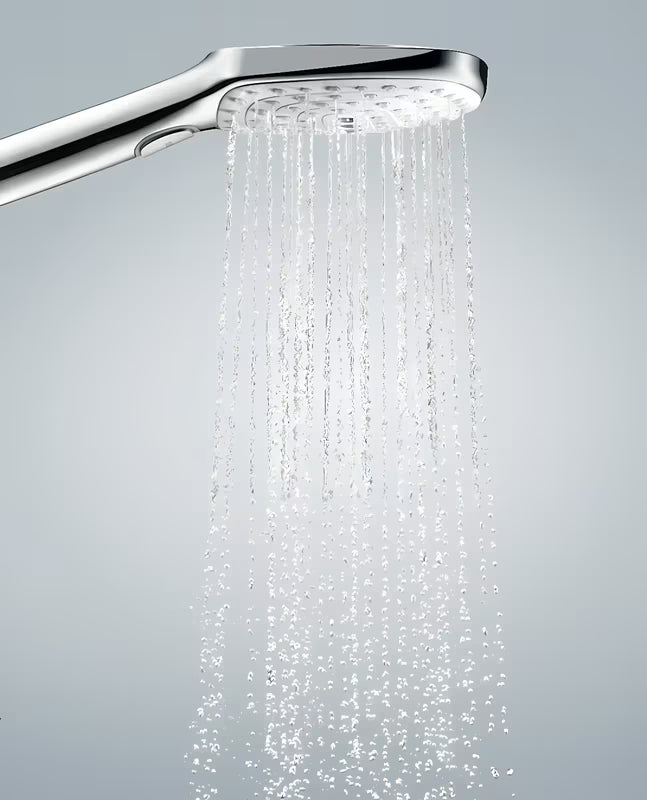 Rankinis dušas Hansgrohe Raindance Select E baltos / chromo spalvos su mygtuku Select, su 3 srovėmis