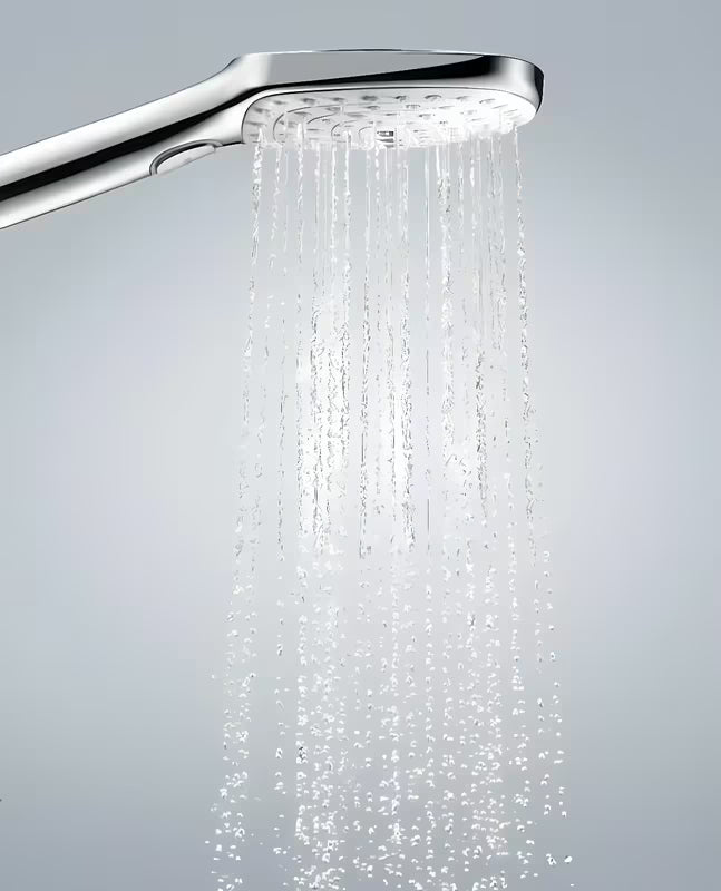 Rankinis dušas Hansgrohe Raindance Select E baltos / chromo spalvos su mygtuku Select, su 3 srovėmis