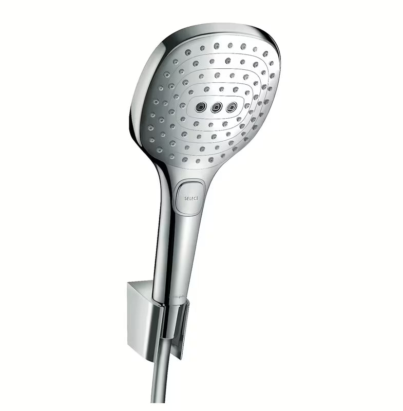 Hansgrohe Raindance Select E vonios dušo komplektas chromo spalvos, su 120 mm rankiniu dušu, laikikliu ir 1,25 m žarna.