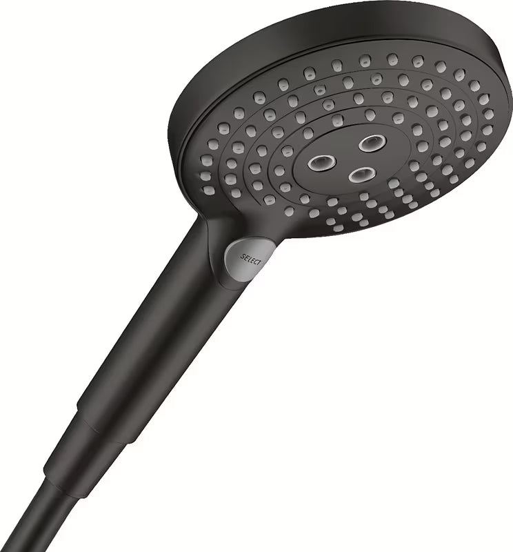 Juoda matinė rankinė dušo galvutė Hansgrohe Raindance Select S su mygtuku Select su 3 srovėmis