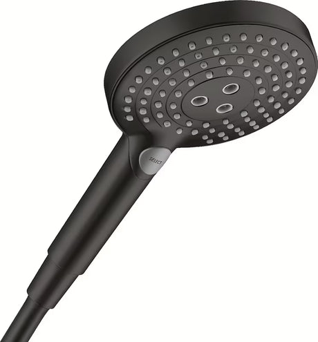 Juoda matinė rankinė dušo galvutė Hansgrohe Raindance Select S su mygtuku Select su 3 srovėmis