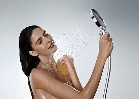 Chromuotas rankinis dušelis Hansgrohe Raindance Select S 120 su mygtuku Select su 3 srovės tipais