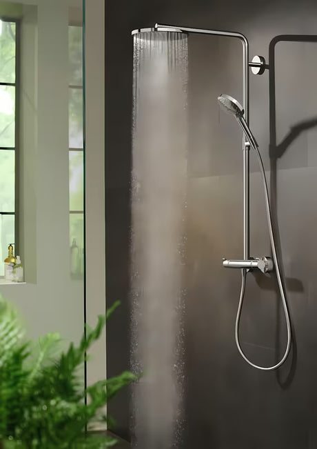 Hansgrohe Raindance Select S dušo sistema su termostatiniu maišytuvu chromo spalvos su viršutiniu ir rankiniu dušu