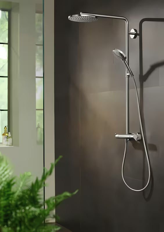 Hansgrohe Raindance Select S dušo sistema su termostatiniu maišytuvu chromo spalvos su viršutiniu ir rankiniu dušu