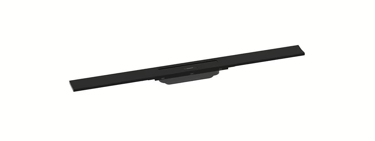 Dušo latakas hansgrohe raindrain Flex 80 cm matinės juodos spalvos su dizaininiu dangteliu.