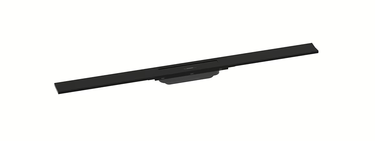 Dušo latakas hansgrohe raindrain Flex 90 cm matinės juodos spalvos su dizaininiu dangteliu.
