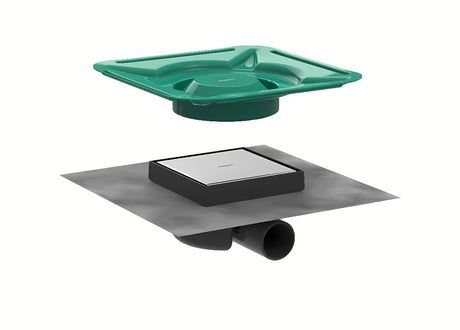 Grindų trapas Hansgrohe raindrain Spot su kvadratinėmis nerūdijančio plieno grotelėmis 15 x 15 cm, šlifuoto plieno išvaizdos.
