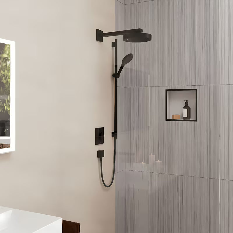 Hansgrohe Rainfinity dušo komplektas EcoSmart matinės juodos spalvos su rankiniu dušeliu, stovu ir tekstiline žarna