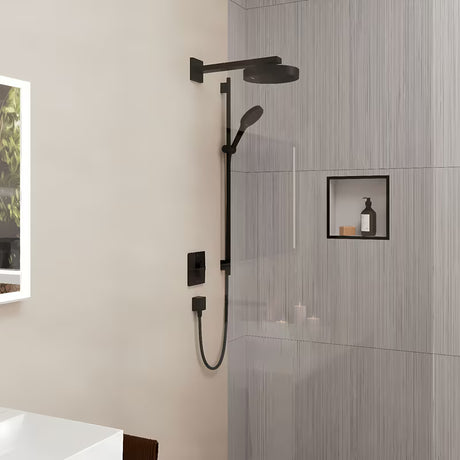 Hansgrohe Rainfinity dušo komplektas EcoSmart matinės juodos spalvos su rankiniu dušeliu, stovu ir tekstiline žarna