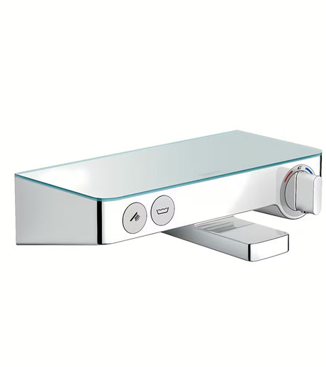 Hansgrohe showertablet Select 300 termostatinė vonios maišytuvas baltos ir chromo spalvos su stikline lentynėle