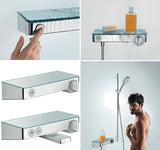 Hansgrohe showertablet Select 300 termostatinė vonios maišytuvas baltos ir chromo spalvos su stikline lentynėle
