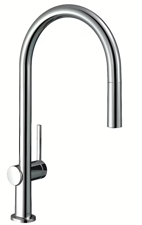 Chromuotas virtuvinis maišytuvas Hansgrohe Talis s su aukštu lenktu snapu ir ištraukiama dušeline galvute