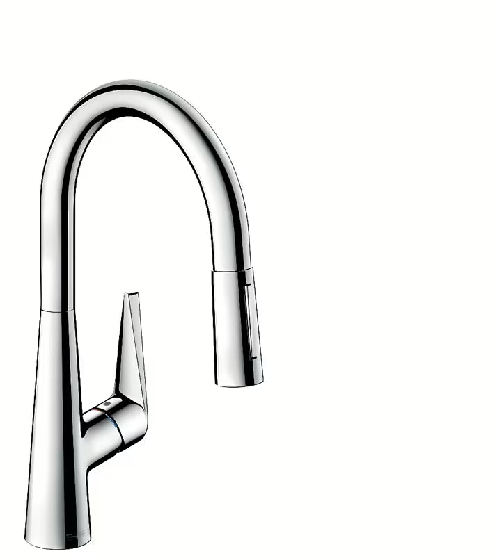 Chrominis virtuvinis maišytuvas Hansgrohe Talis s su ištraukiama dušo galvute ir perjungimu tarp laminarinės ir dušo srovės.