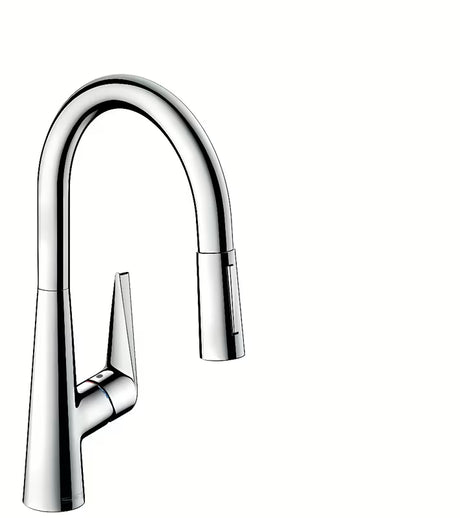 Chrominis virtuvinis maišytuvas Hansgrohe Talis s su ištraukiama dušo galvute ir perjungimu tarp laminarinės ir dušo srovės.