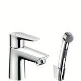 Chrominis svirtinis praustuvo maišytuvas Hansgrohe Talis E su bidė dušeliu ir Push-Open dugno vožtuvu.