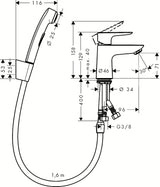 Chrominis svirtinis praustuvo maišytuvas Hansgrohe Talis E su bidė dušeliu ir Push-Open dugno vožtuvu.